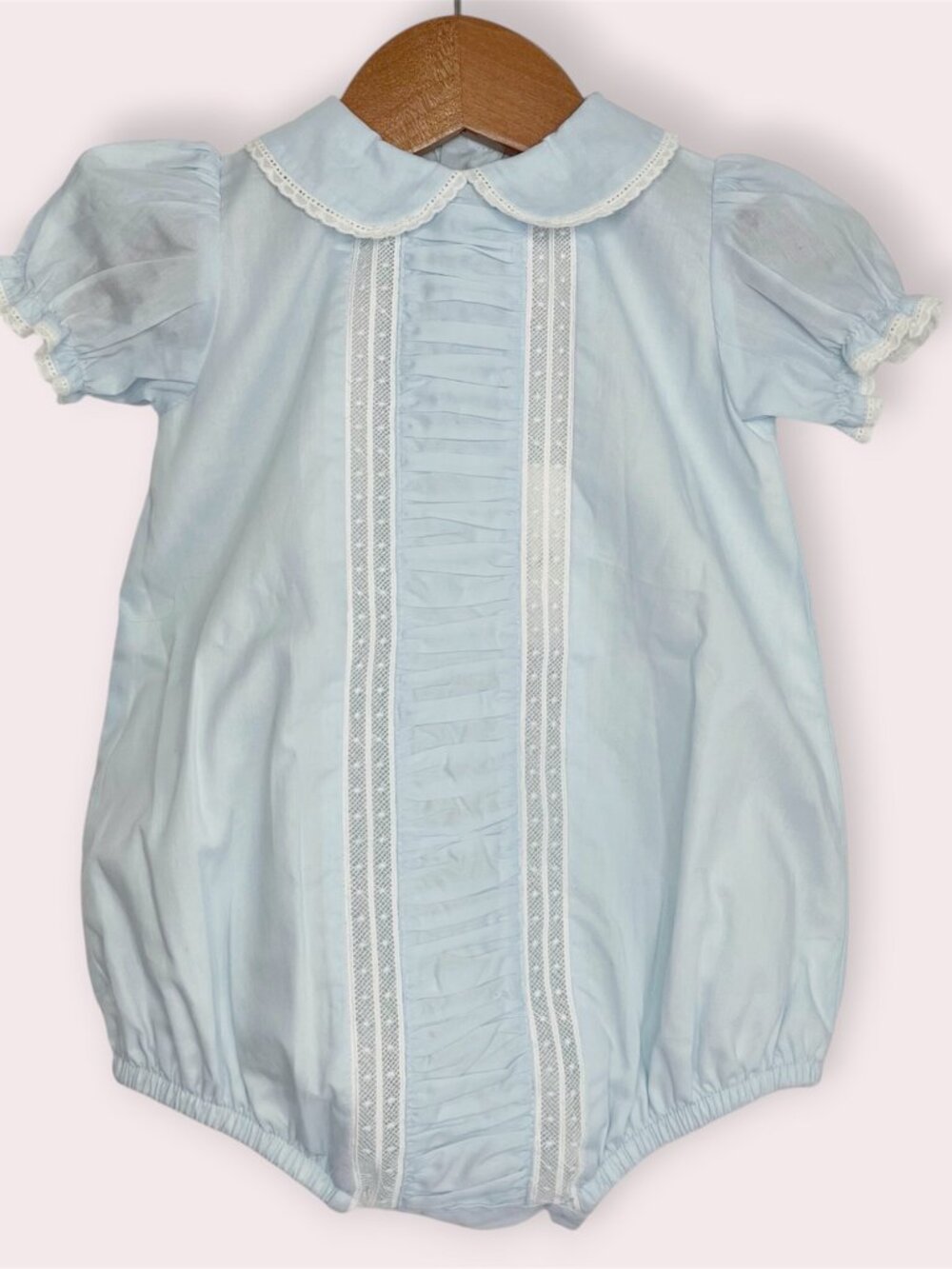 NWT Nora Layette blue pleats bubble romper Peter Pan collar lace 6-9 months